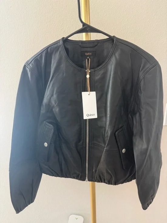 Quince 100% Leather Collarless Cropped Bubble Hem Jacket